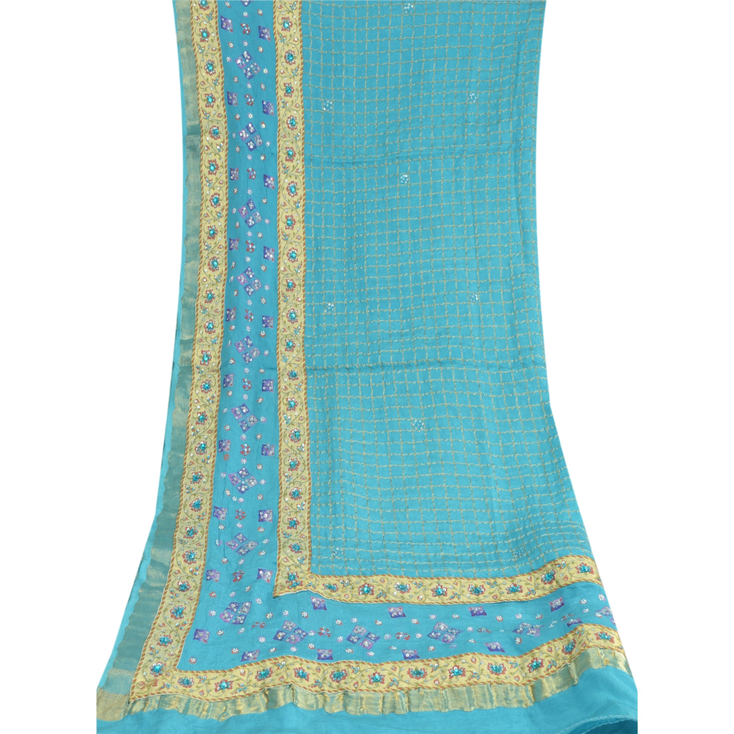Sanskriti Vintage Dupatta Long Stole Pure Silk Blue Hand Beaded Woven Wrap Veil