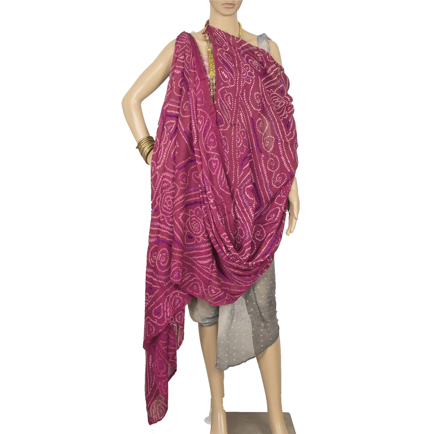 Sanskriti Vintage Long Dupatta Ho tPink Stole Bandhani Work Pure Silk Veil Hijab