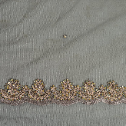 Sanskriti Vintage Long Dupatta Gray Hand Beaded Zardozi Net Mesh Stole Scarves