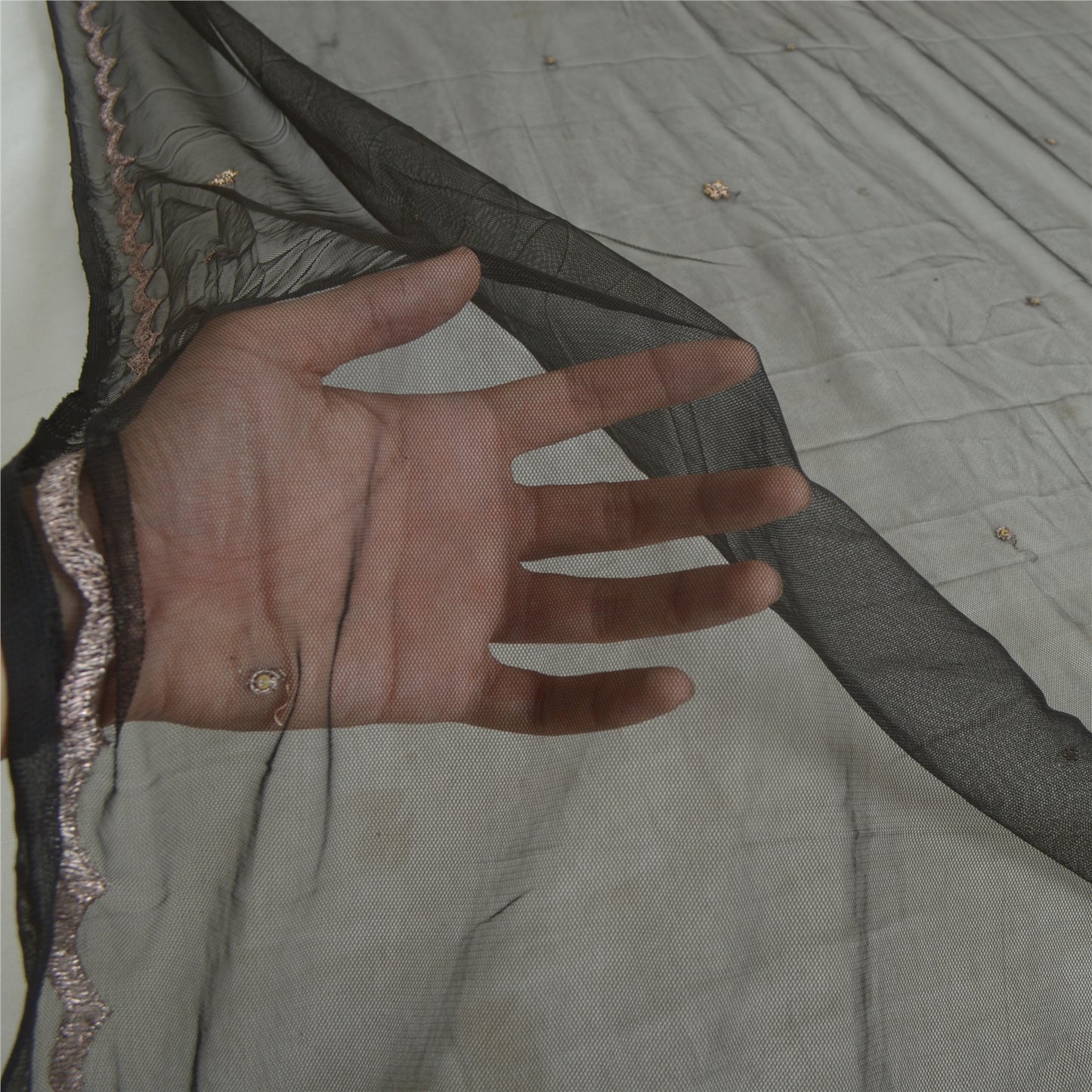 Sanskriti Vintage Long Dupatta Gray Hand Beaded Zardozi Net Mesh Stole Scarves