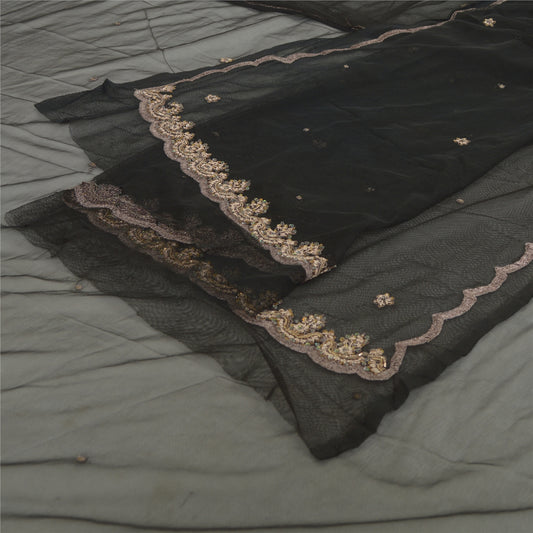 Sanskriti Vintage Long Dupatta Gray Hand Beaded Zardozi Net Mesh Stole Scarves