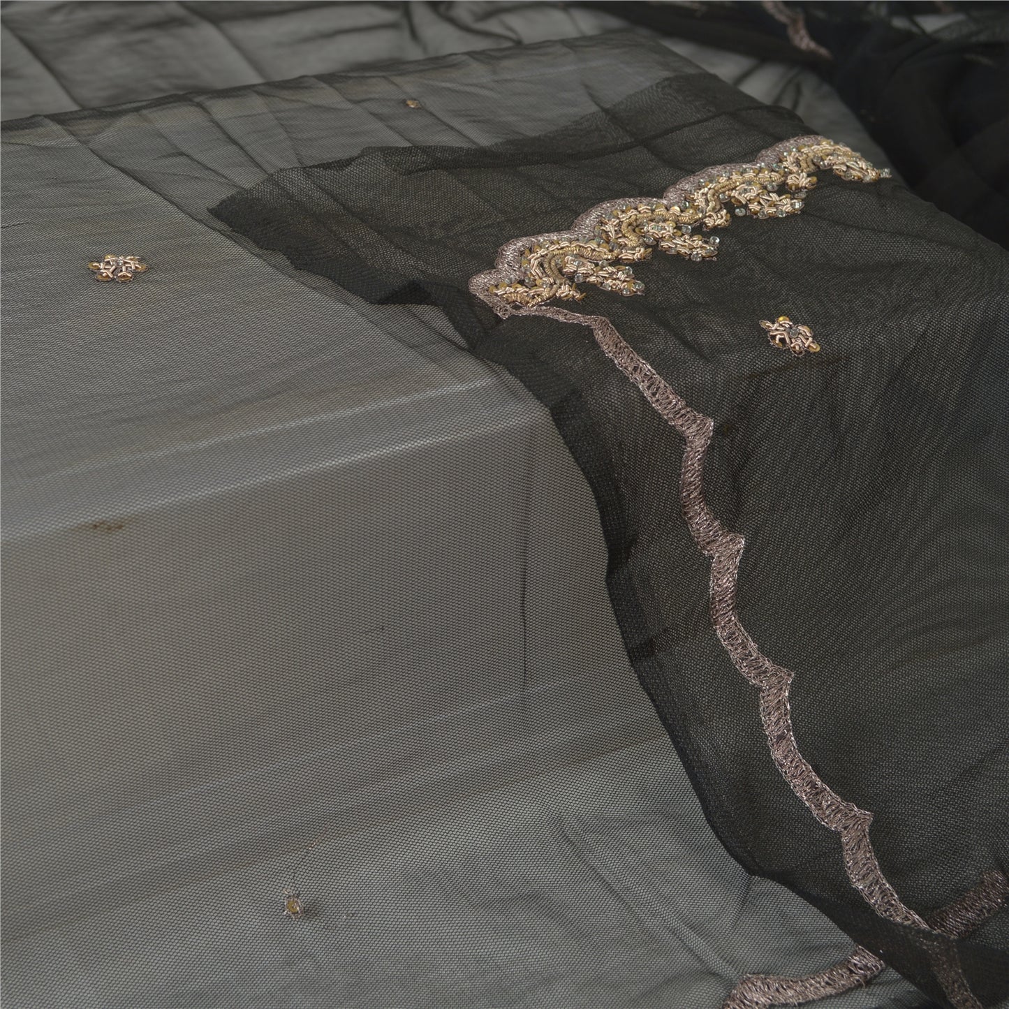 Sanskriti Vintage Long Dupatta Gray Hand Beaded Zardozi Net Mesh Stole Scarves