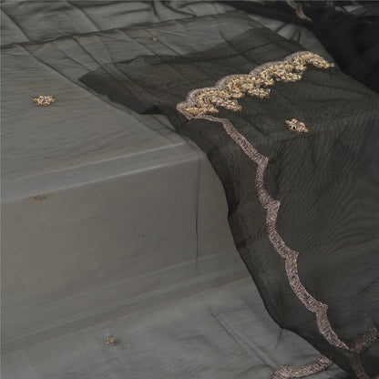 Sanskriti Vintage Long Dupatta Gray Hand Beaded Zardozi Net Mesh Stole Scarves