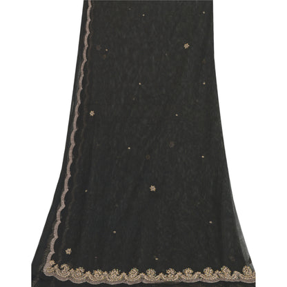 Sanskriti Vintage Long Dupatta Gray Hand Beaded Zardozi Net Mesh Stole Scarves