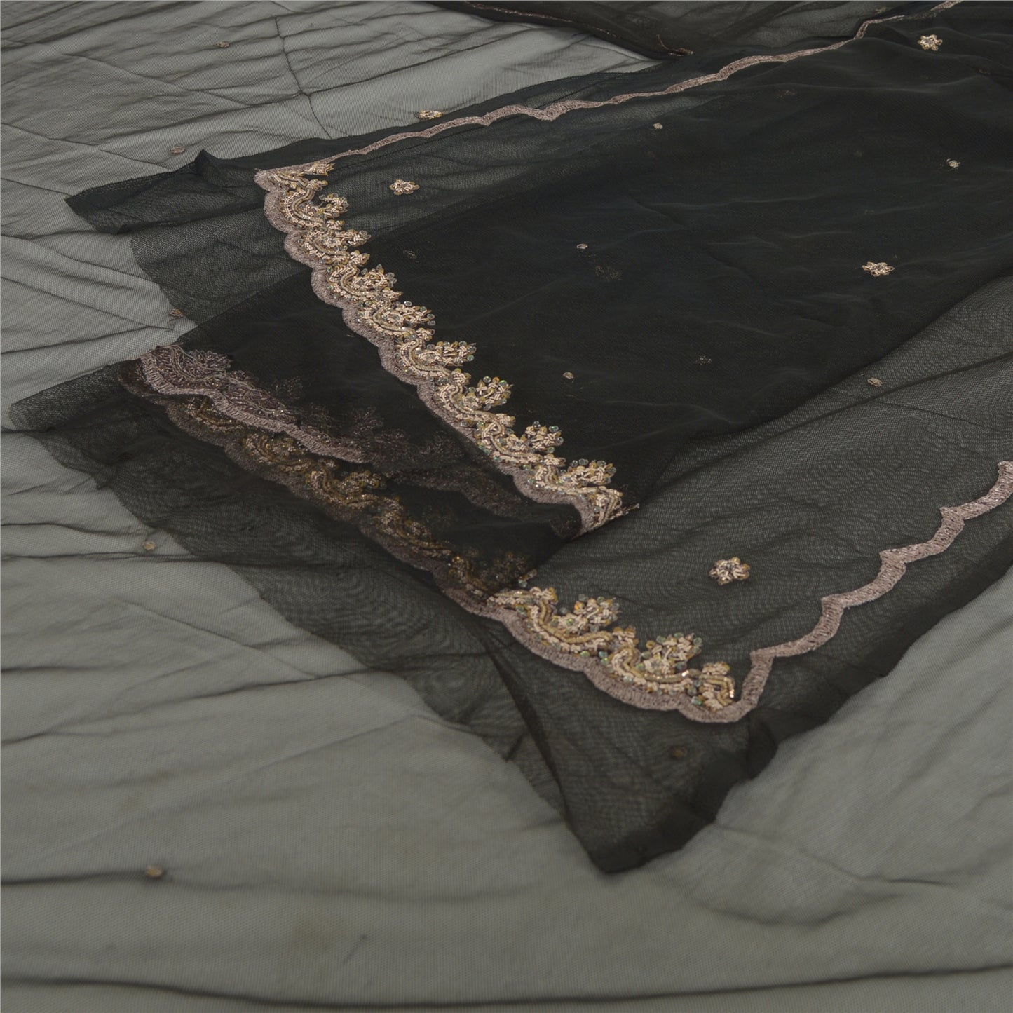 Sanskriti Vintage Long Dupatta Gray Hand Beaded Zardozi Net Mesh Stole Scarves