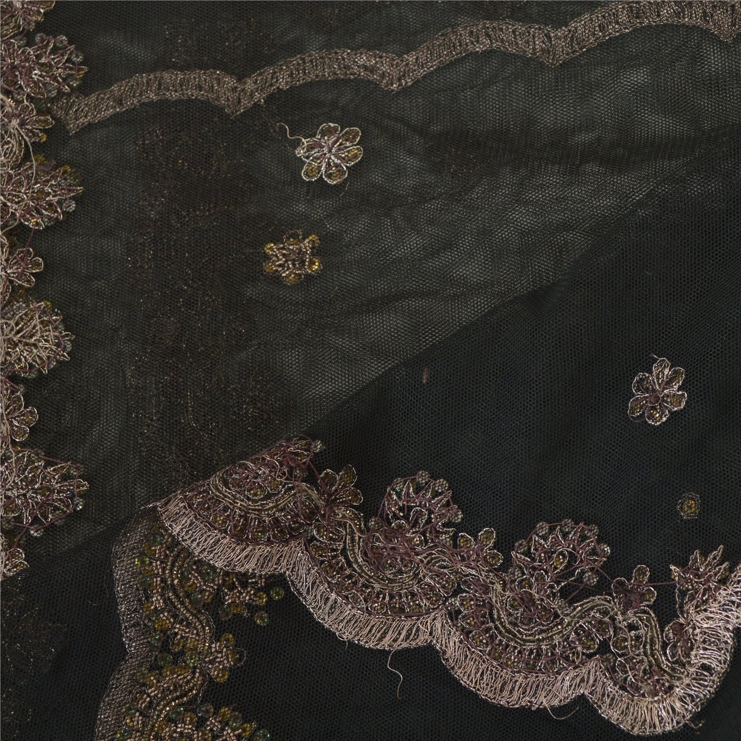 Sanskriti Vintage Long Dupatta Gray Hand Beaded Zardozi Net Mesh Stole Scarves