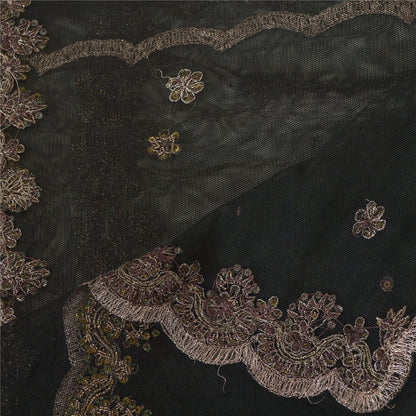 Sanskriti Vintage Long Dupatta Gray Hand Beaded Zardozi Net Mesh Stole Scarves