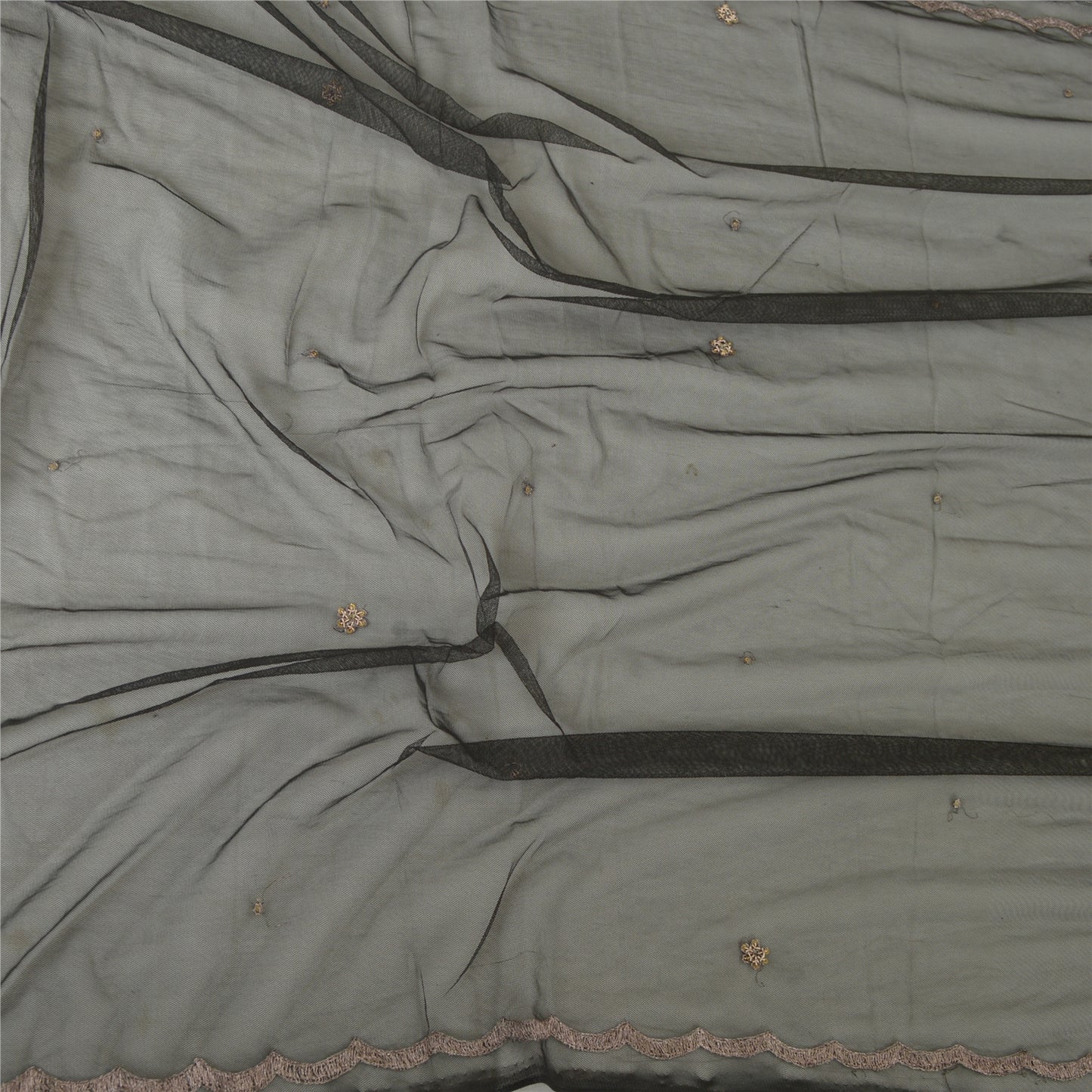 Sanskriti Vintage Long Dupatta Gray Hand Beaded Zardozi Net Mesh Stole Scarves