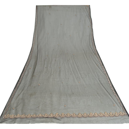 Sanskriti Vintage Long Dupatta Gray Hand Beaded Zardozi Net Mesh Stole Scarves