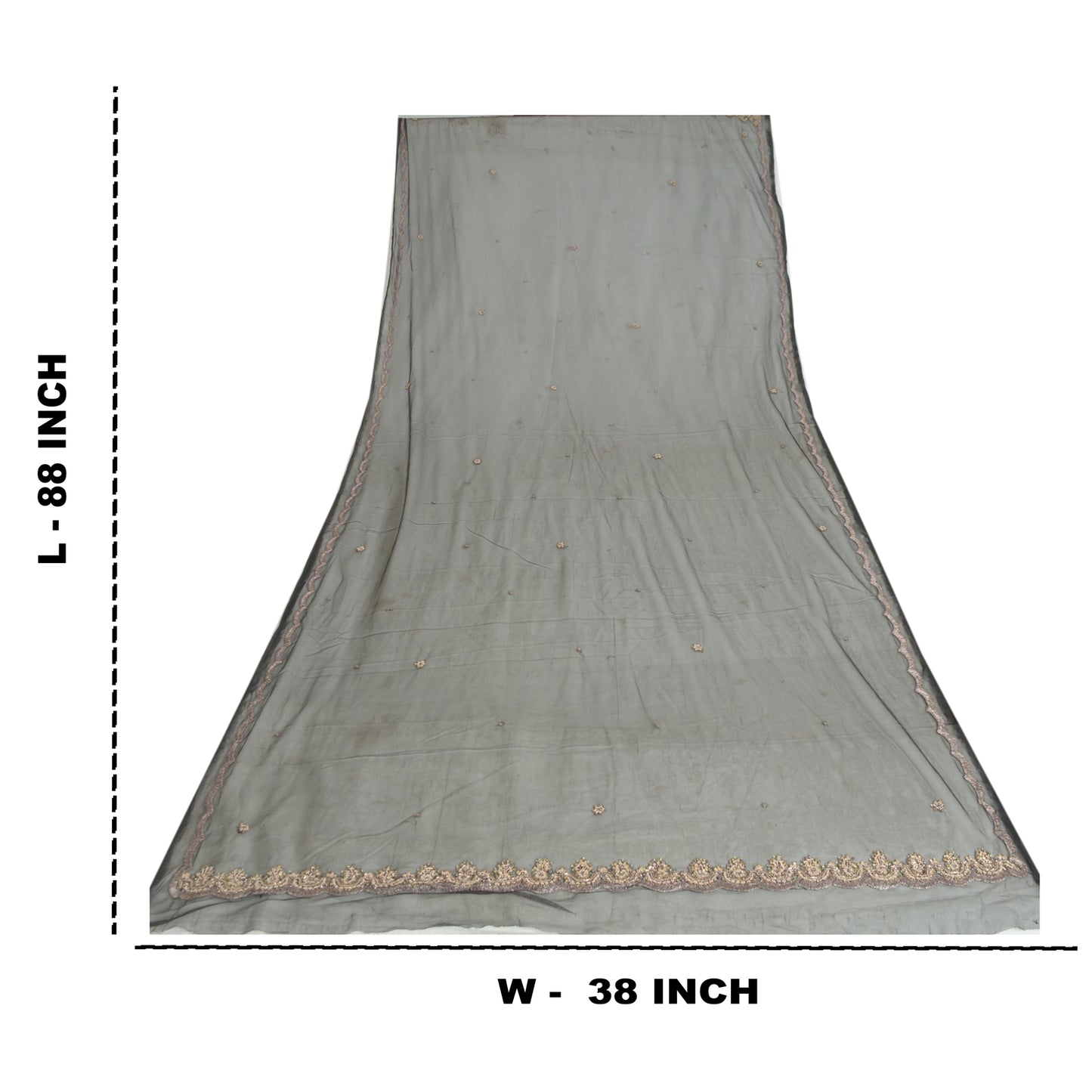 Sanskriti Vintage Long Dupatta Gray Hand Beaded Zardozi Net Mesh Stole Scarves