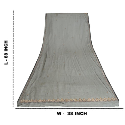 Sanskriti Vintage Long Dupatta Gray Hand Beaded Zardozi Net Mesh Stole Scarves