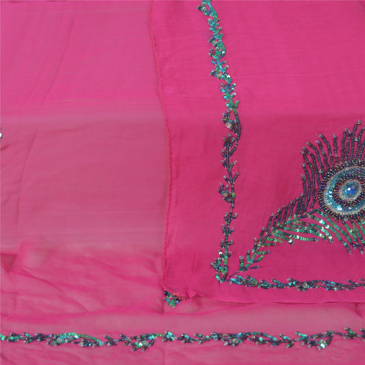 Санскрити Винтаж Длинная Ярко-Розовая Дупатта Чистый Жоржет Ручной Работы Бисером Пайетками Фата