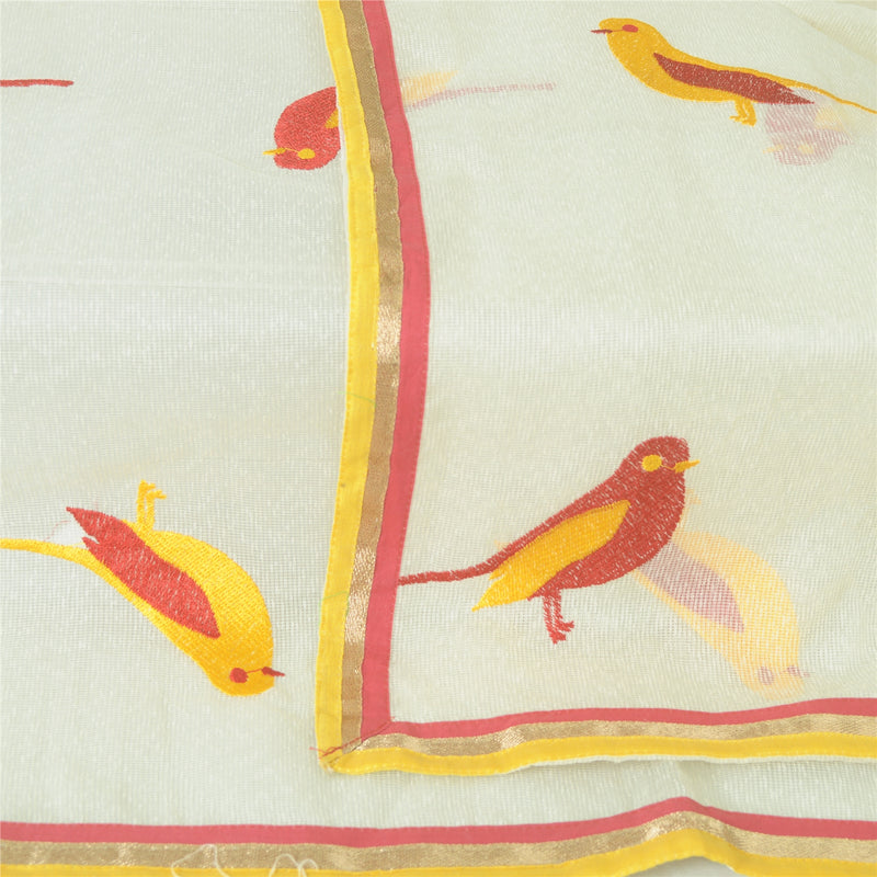 Sanskriti Vintage Long Ivory Dupatta Cotton Kota Bird Embordered Women  India Upcycled Remnant Fabric, Neck Shawl