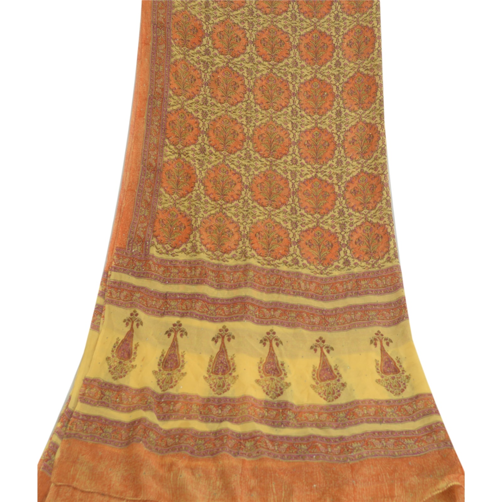 Sanskriti Vintage Long Yellow Dupatta Pure Silk Mukesh Hand Block Print Scarf StoleUses-Crafts Sewing Patchwork Home Decor, Bag Making