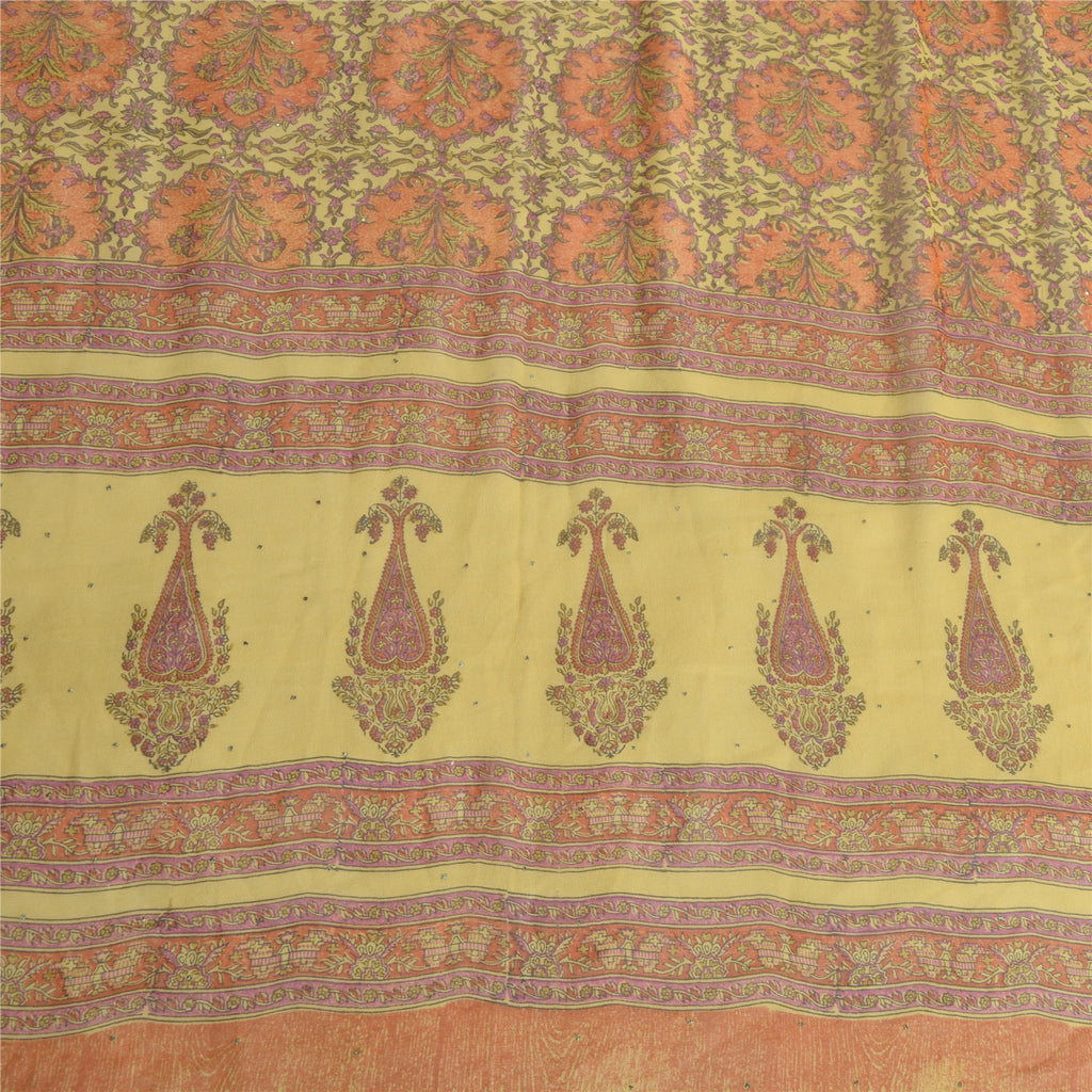 Sanskriti Vintage Long Yellow Dupatta Pure Silk Mukesh Hand Block Print Scarf StoleUses-Crafts Sewing Patchwork Home Decor, Bag Making