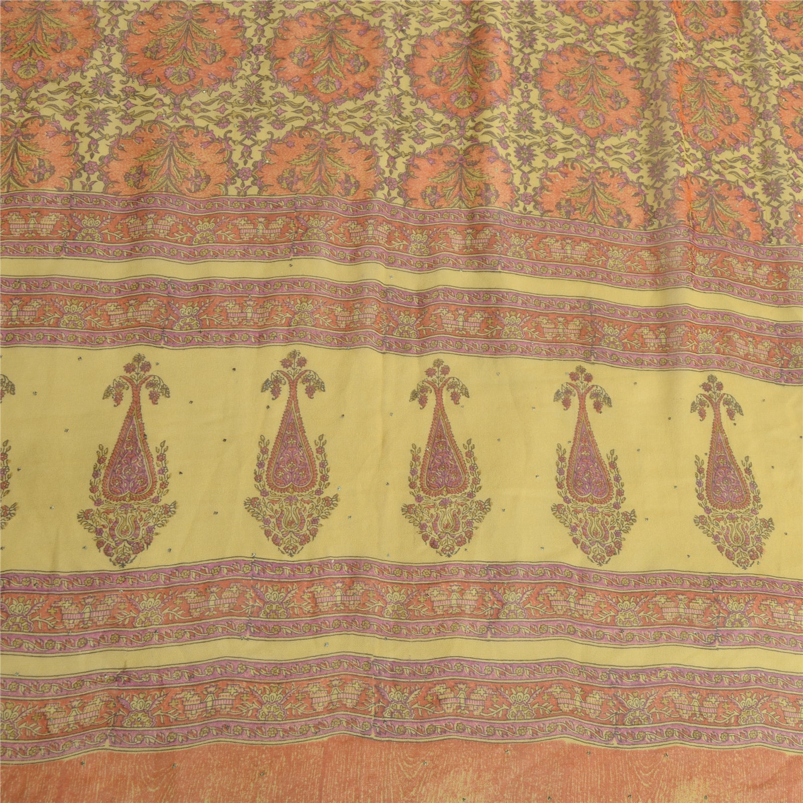 Sanskriti Vintage Long Yellow Dupatta Pure Silk Mukesh Hand Block Print Scarf StoleUses-Crafts Sewing Patchwork Home Decor, Bag Making
