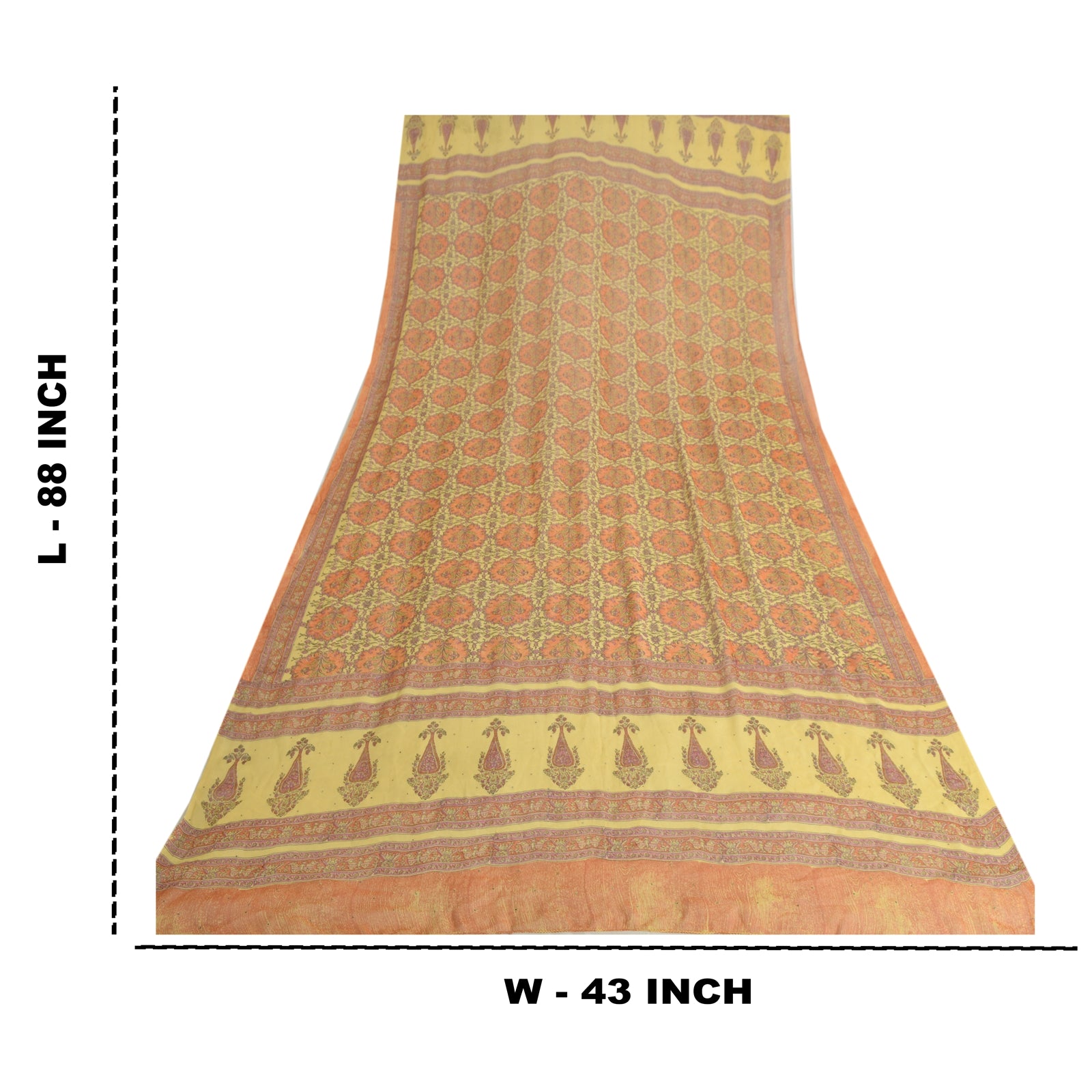 Sanskriti Vintage Long Yellow Dupatta Pure Silk Mukesh Hand Block Print Scarf StoleUses-Crafts Sewing Patchwork Home Decor, Bag Making