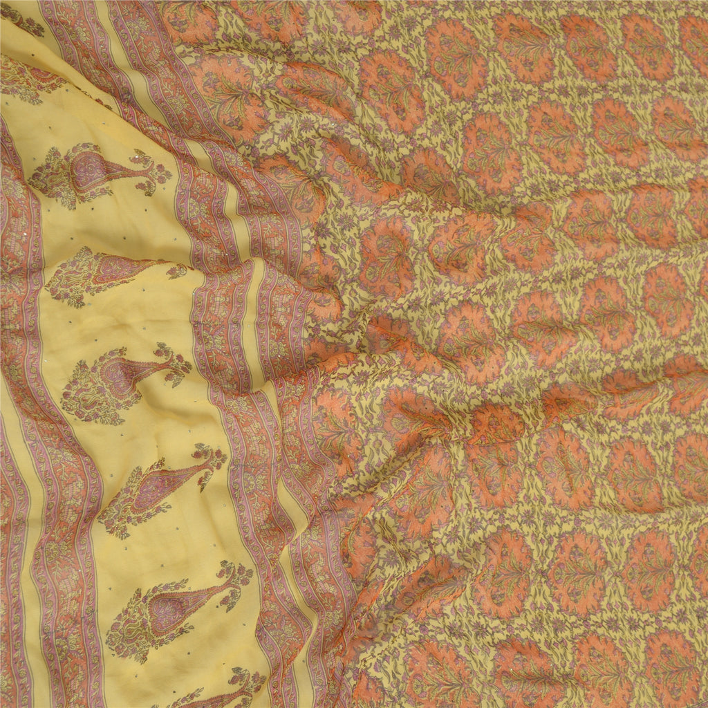 Sanskriti Vintage Long Yellow Dupatta Pure Silk Mukesh Hand Block Print Scarf StoleUses-Crafts Sewing Patchwork Home Decor, Bag Making