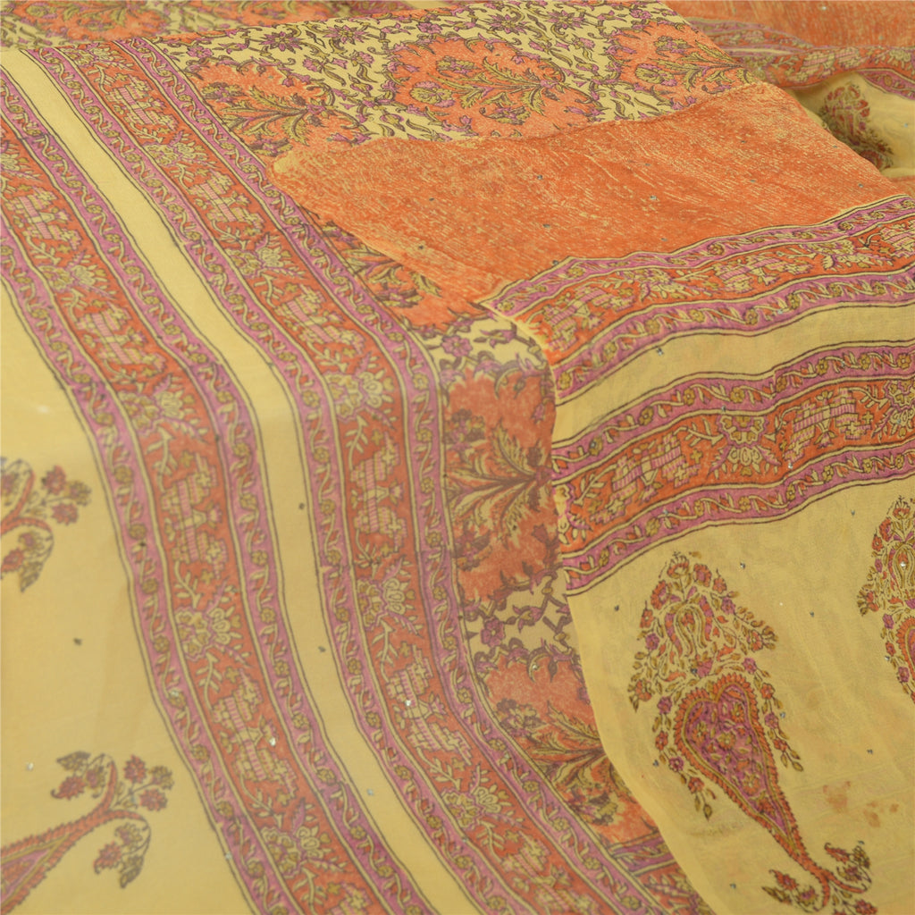 Sanskriti Vintage Long Yellow Dupatta Pure Silk Mukesh Hand Block Print Scarf StoleUses-Crafts Sewing Patchwork Home Decor, Bag Making