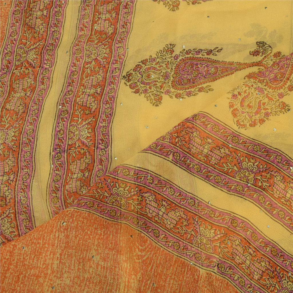 Sanskriti Vintage Long Yellow Dupatta Pure Silk Mukesh Hand Block Print Scarf StoleUses-Crafts Sewing Patchwork Home Decor, Bag Making