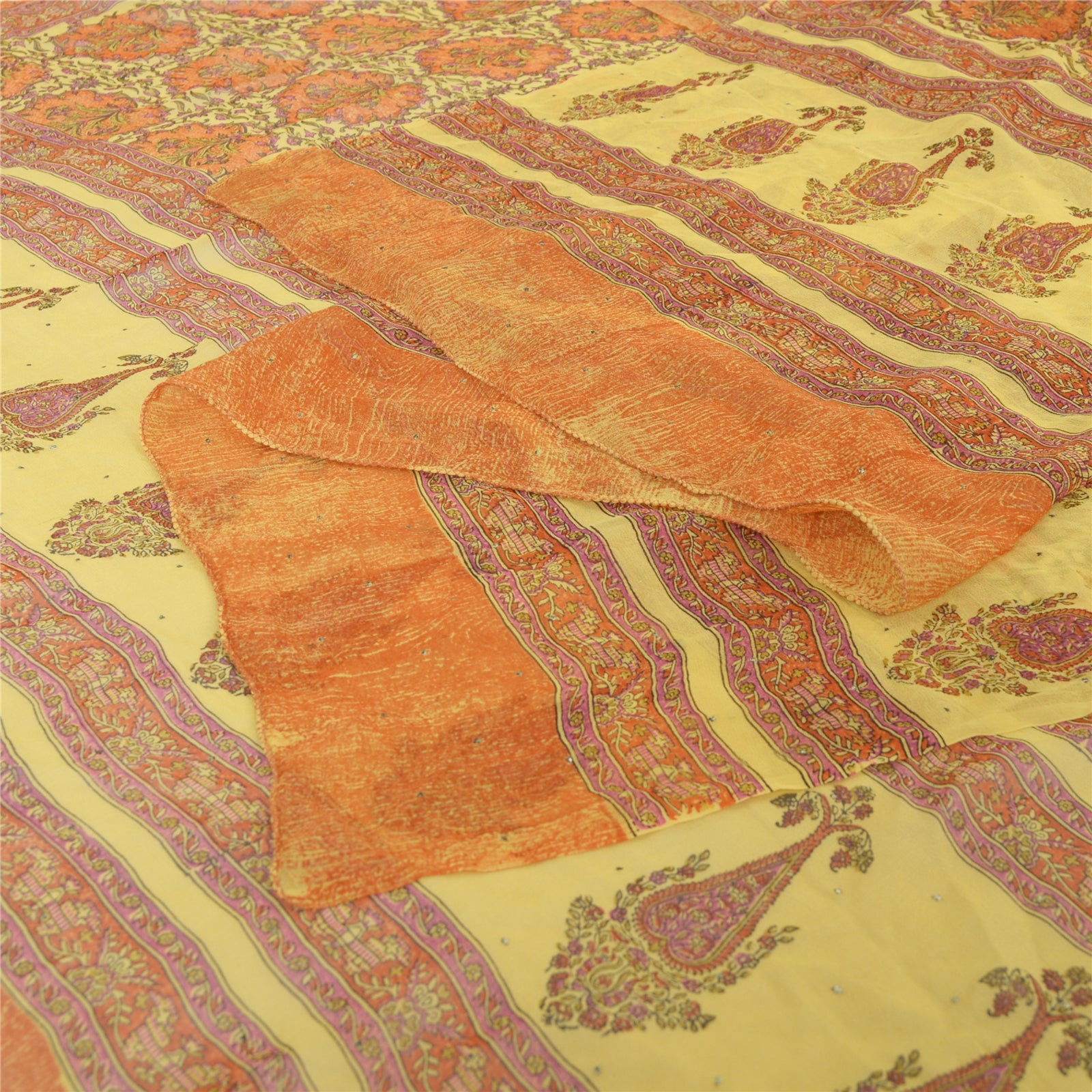 Sanskriti Vintage Long Yellow Dupatta Pure Silk Mukesh Hand Block Print Scarf StoleUses-Crafts Sewing Patchwork Home Decor, Bag Making