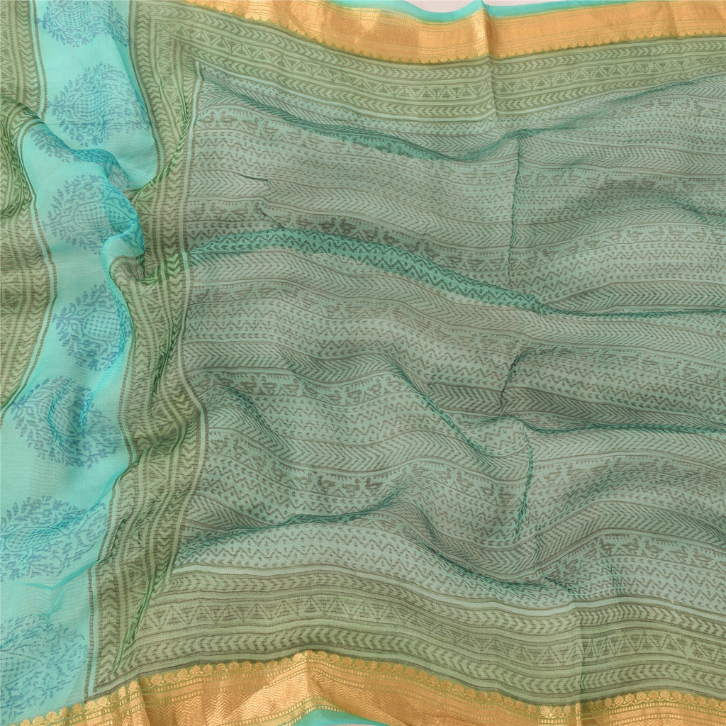 Sanskriti Vintage Indian Dupatta Long Scarf Art Silk Blue Hand Block Printed Scarves Design- Dresses, Kaftans, Skirts, or Blouses