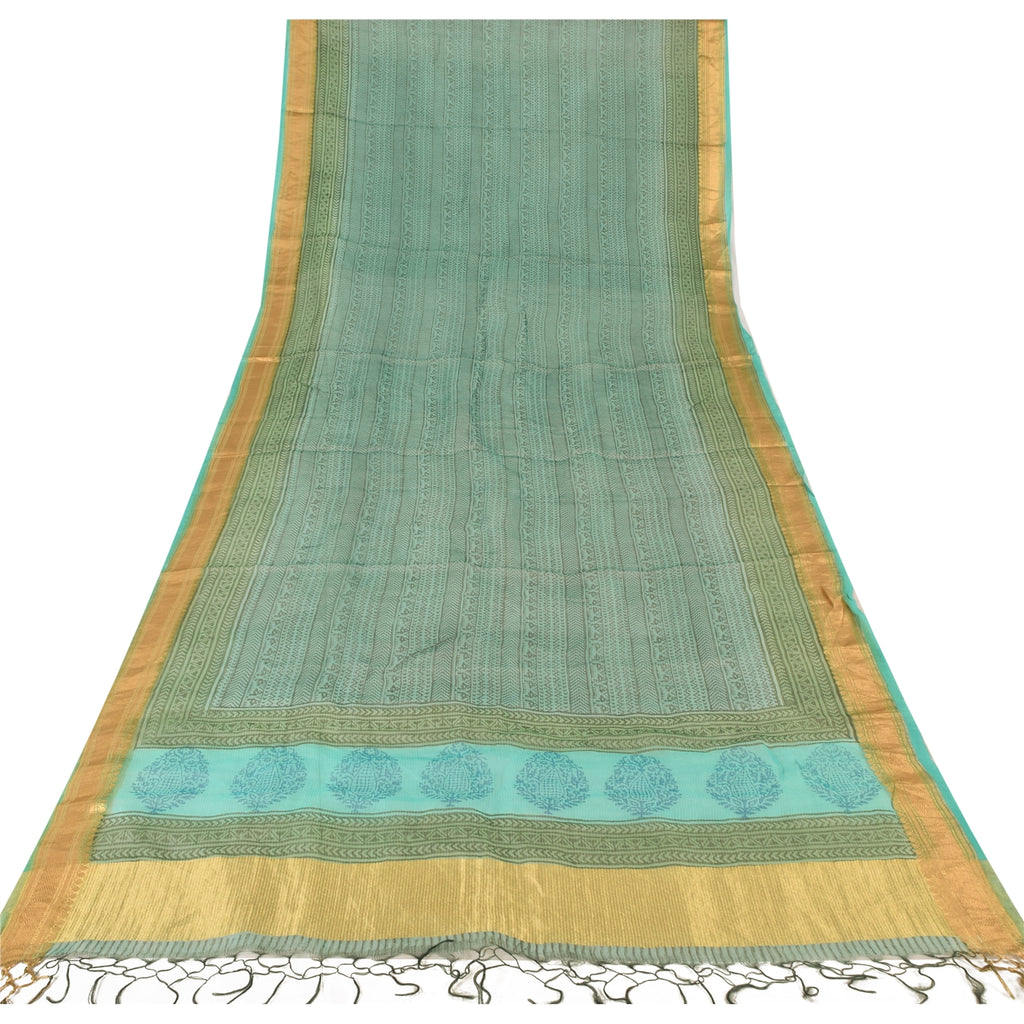 Sanskriti Vintage Indian Dupatta Long Scarf Art Silk Blue Hand Block Printed Scarves Design- Dresses, Kaftans, Skirts, or Blouses