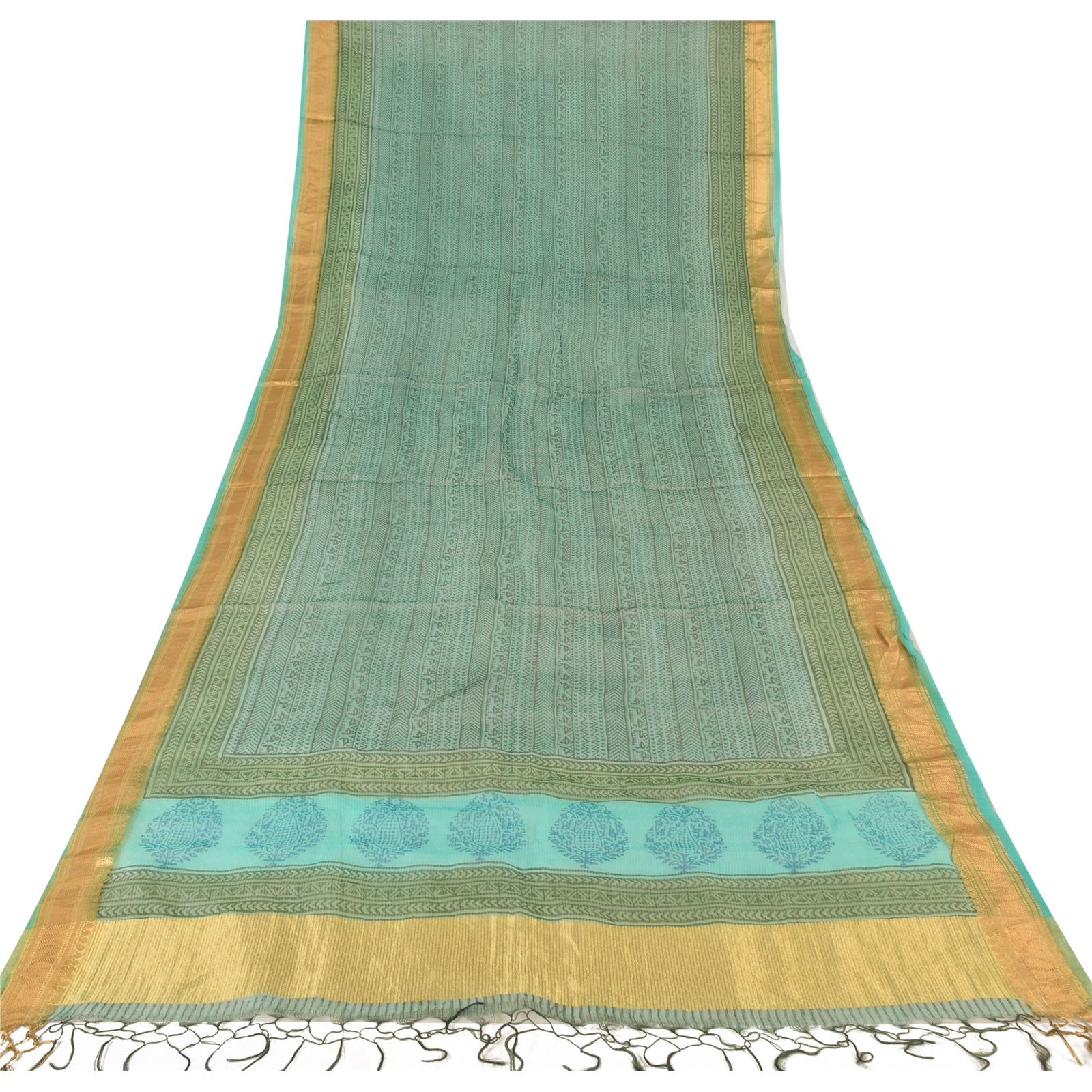 Sanskriti Vintage Indian Dupatta Long Scarf Art Silk Blue Hand Block Printed Scarves Design- Dresses, Kaftans, Skirts, or Blouses