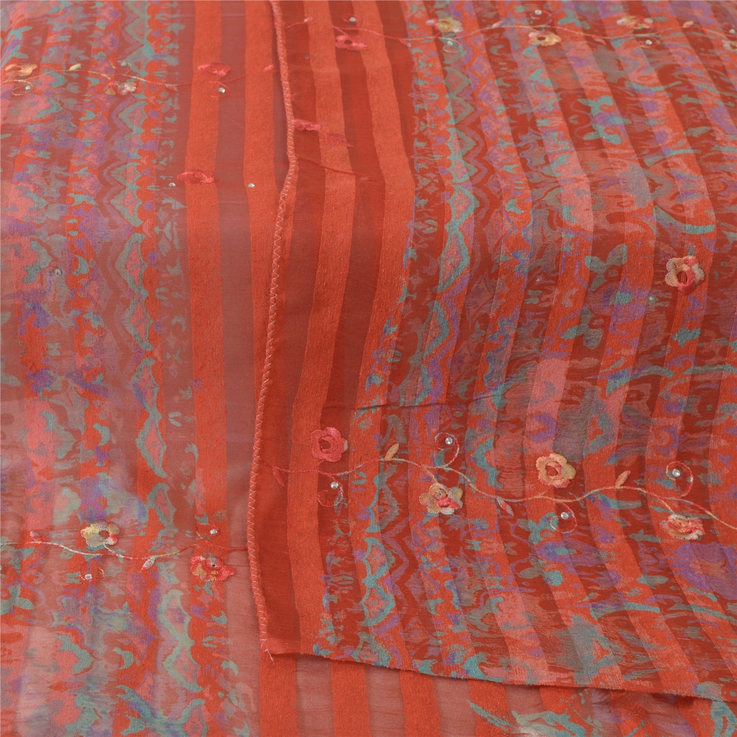 Sanskriti Vintage Long Saffron Dupatta Stole Pure Silk Hand Beaded Print Veil