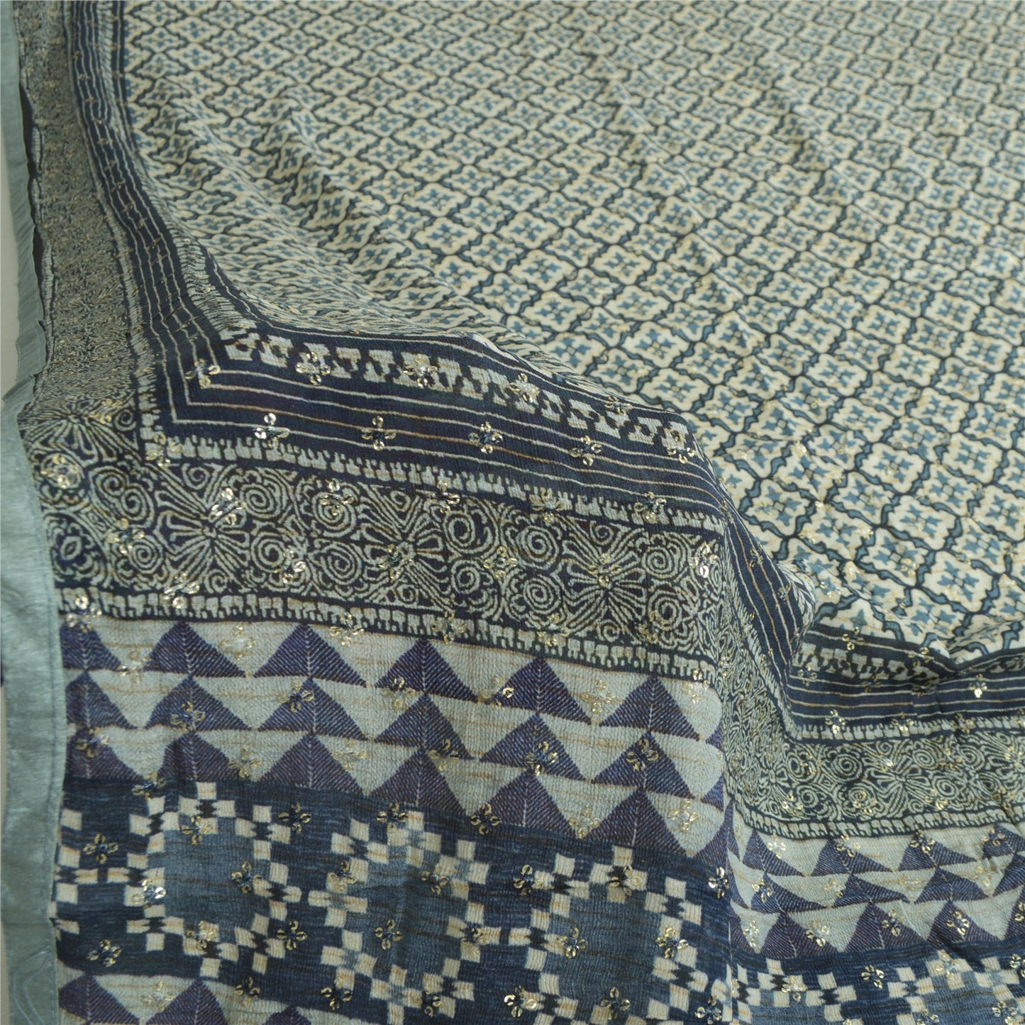 Sanskriti Vintage Long Dupatta/Stole Pure Blue Hand Beaded Sequins Scarf Veil