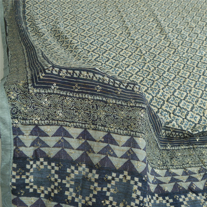 Sanskriti Vintage Long Dupatta/Stole Pure Blue Hand Beaded Sequins Scarf Veil