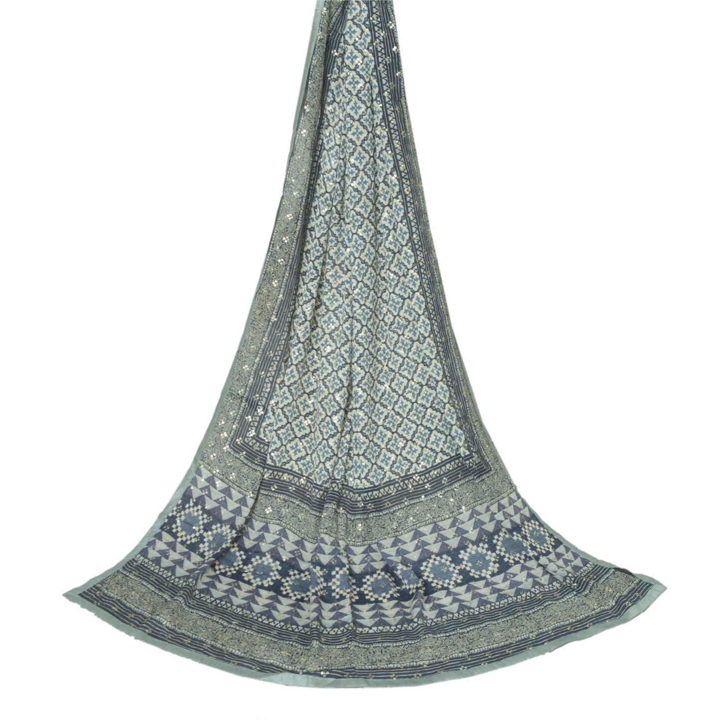 Sanskriti Vintage Long Dupatta/Stole Pure Blue Hand Beaded Sequins Scarf Veil