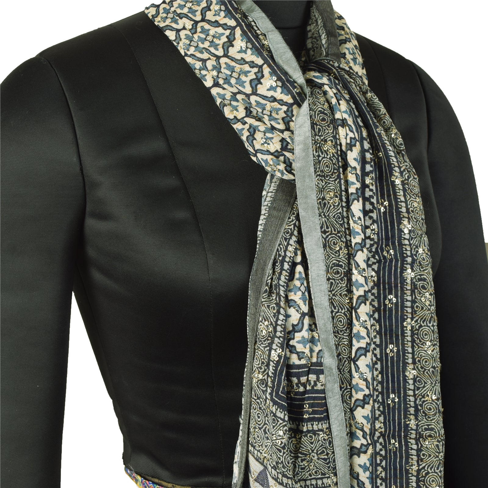 Sanskriti Vintage Long Dupatta/Stole Pure Blue Hand Beaded Sequins Scarf Veil