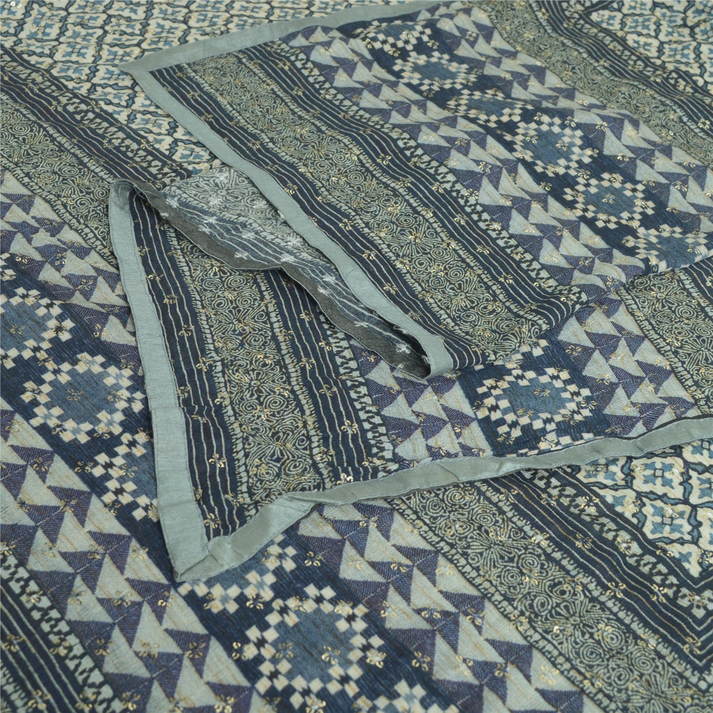 Sanskriti Vintage Long Dupatta/Stole Pure Blue Hand Beaded Sequins Scarf Veil