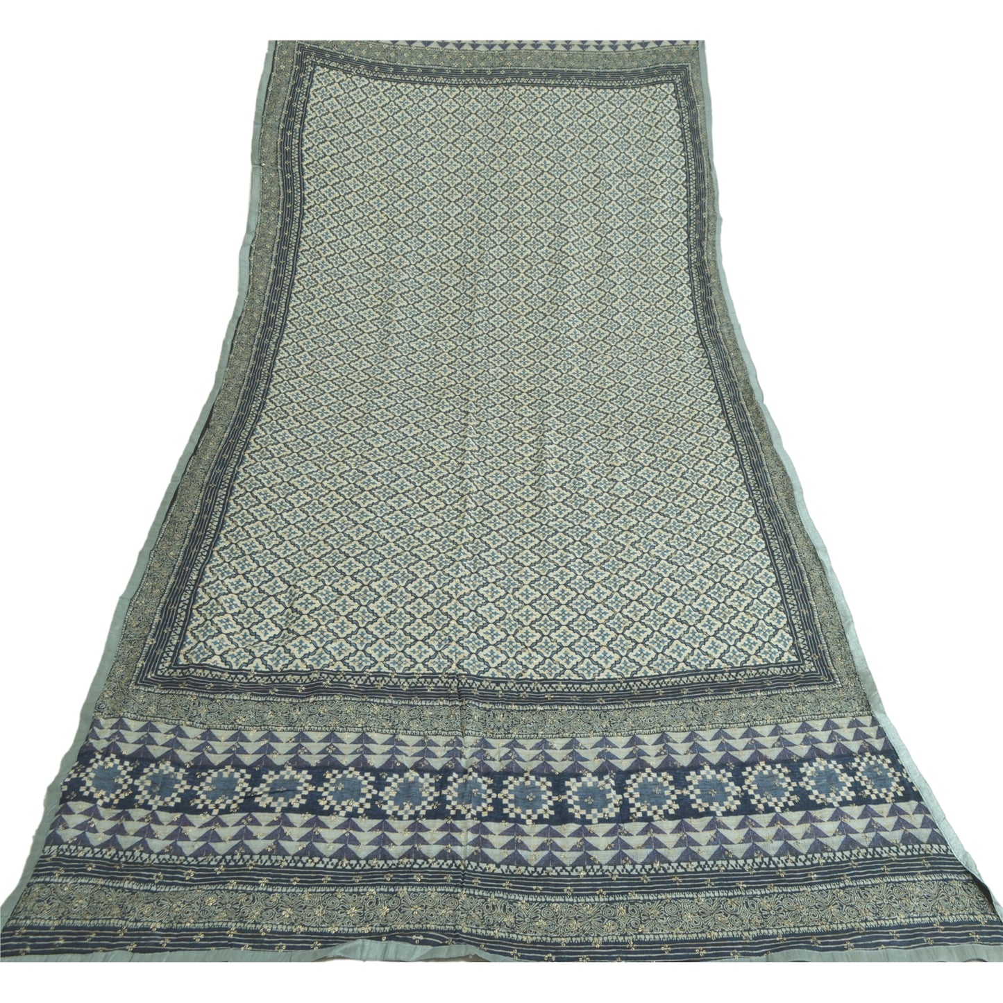 Sanskriti Vintage Long Dupatta/Stole Pure Blue Hand Beaded Sequins Scarf Veil