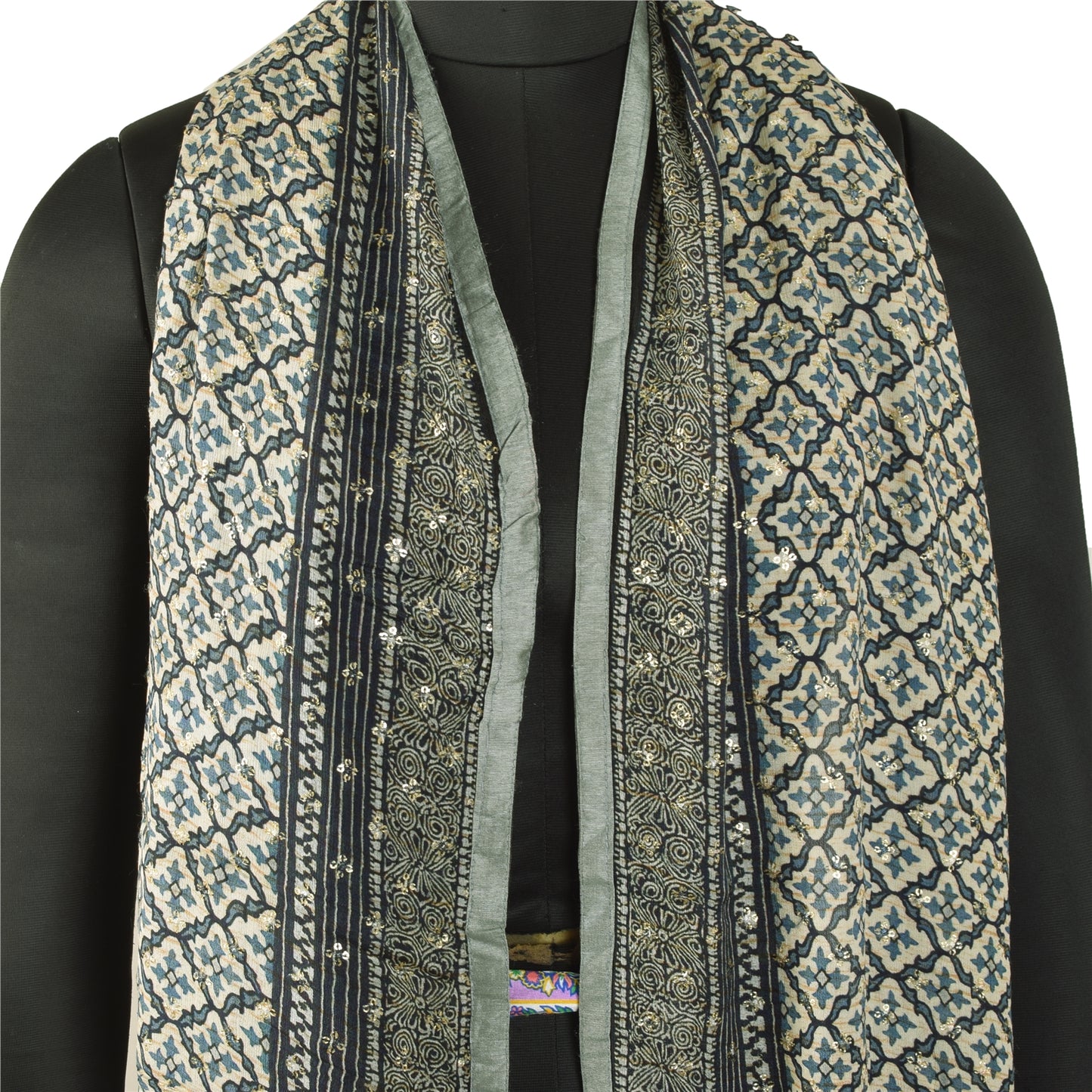 Sanskriti Vintage Long Dupatta/Stole Pure Blue Hand Beaded Sequins Scarf Veil