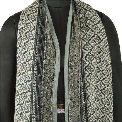 Sanskriti Vintage Long Dupatta/Stole Pure Blue Hand Beaded Sequins Scarf Veil