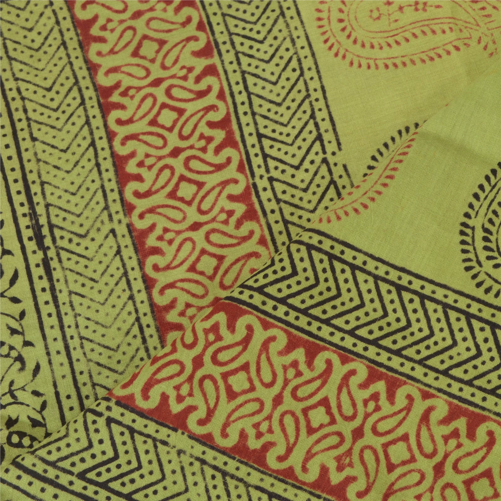 Sanskriti Vintage Long Green Dupatta Pure Cotton Hand Block Printed Veil Scarf Ecofriendly Craft Supply,Used Neckscarf Remnant Fabric