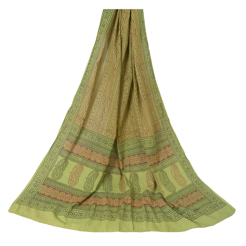 Sanskriti Vintage Long Green Dupatta Pure Cotton Hand Block Printed Veil Stole Ecofriendly Craft Supply,Used NeckStole Remnant Fabric