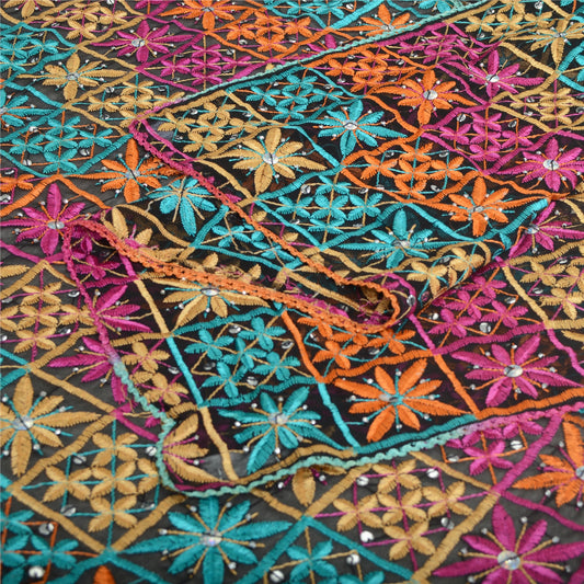 Sanskriti Vintage Long Black Dupatta Chiffon Bagh Phulkari Embroidered Scarf Panjab Of India upcycled Textile Scraps DIY Projects
