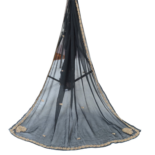 Sanskriti Vintage Black Dupatta Long Stole Pure Chiffon Hand Beaded Scarves/Veil