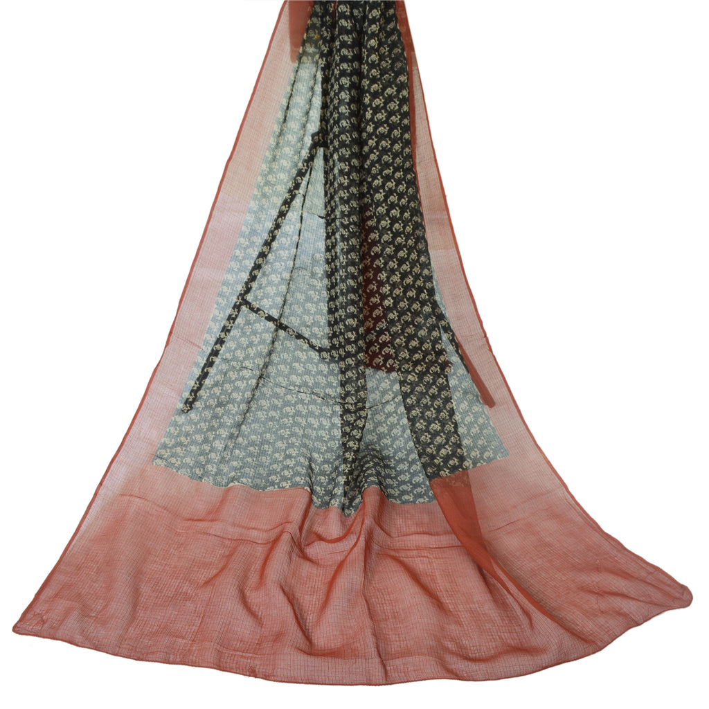 Sanskriti Vintage Long Dupatta Pure Cotton Kota Woven & Hand Block Printed Dark Green/Orange Scarves Indian Heritage Craft Supplies