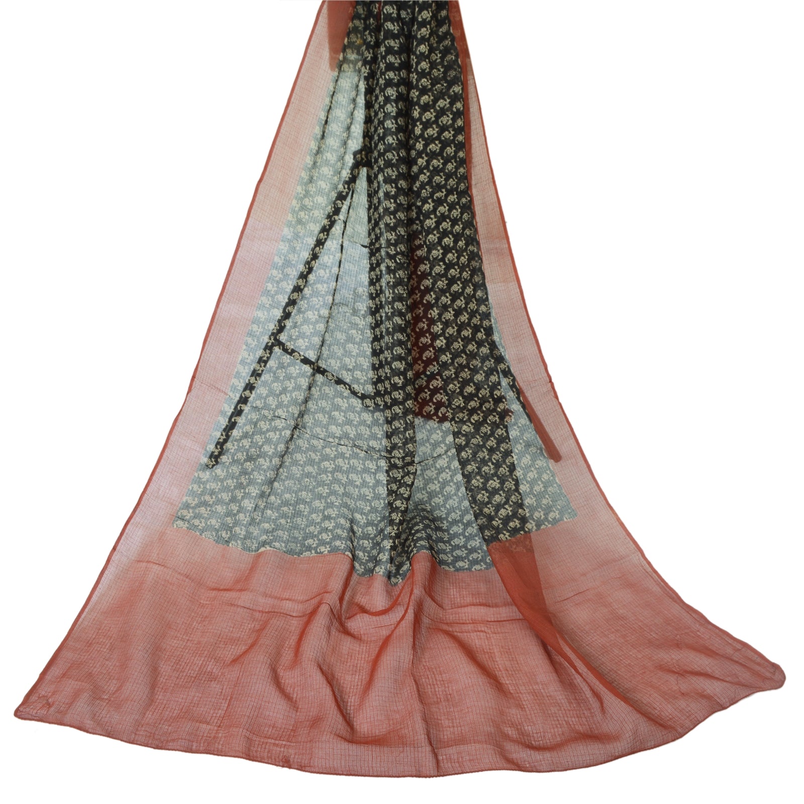 Sanskriti Vintage Long Dupatta Pure Cotton Kota Woven & Hand Block Printed Dark Green/Orange Scarves Indian Heritage Craft Supplies