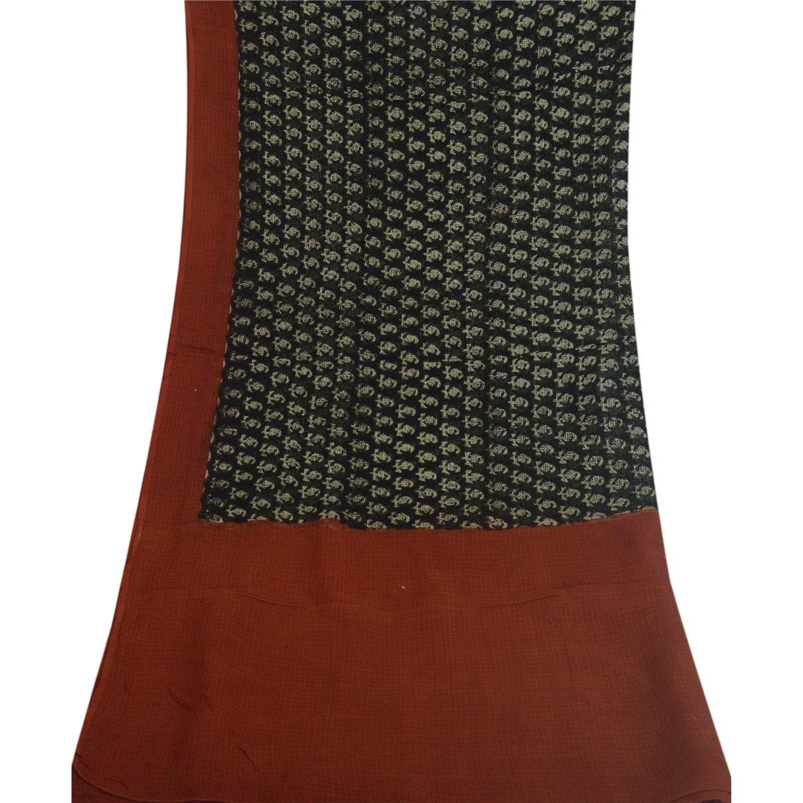 Sanskriti Vintage Long Dupatta Pure Cotton Kota Woven & Hand Block Printed Dark Green/Orange Scarves Indian Heritage Craft Supplies