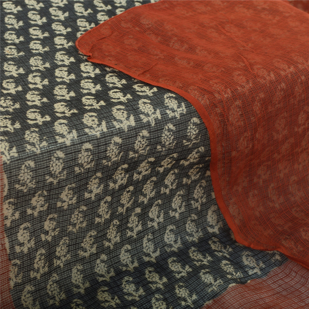 Sanskriti Vintage Long Dupatta Pure Cotton Kota Woven & Hand Block Printed Dark Green/Orange Scarves Indian Heritage Craft Supplies