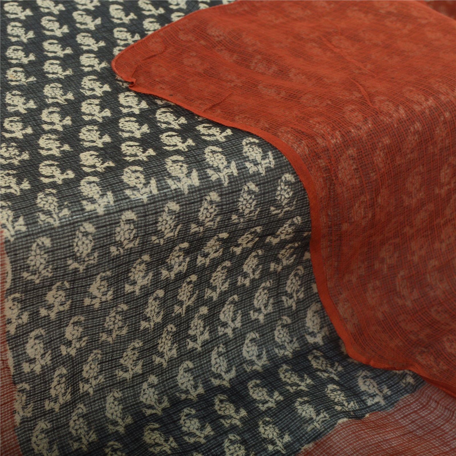 Sanskriti Vintage Long Dupatta Pure Cotton Kota Woven & Hand Block Printed Dark Green/Orange Scarves Indian Heritage Craft Supplies