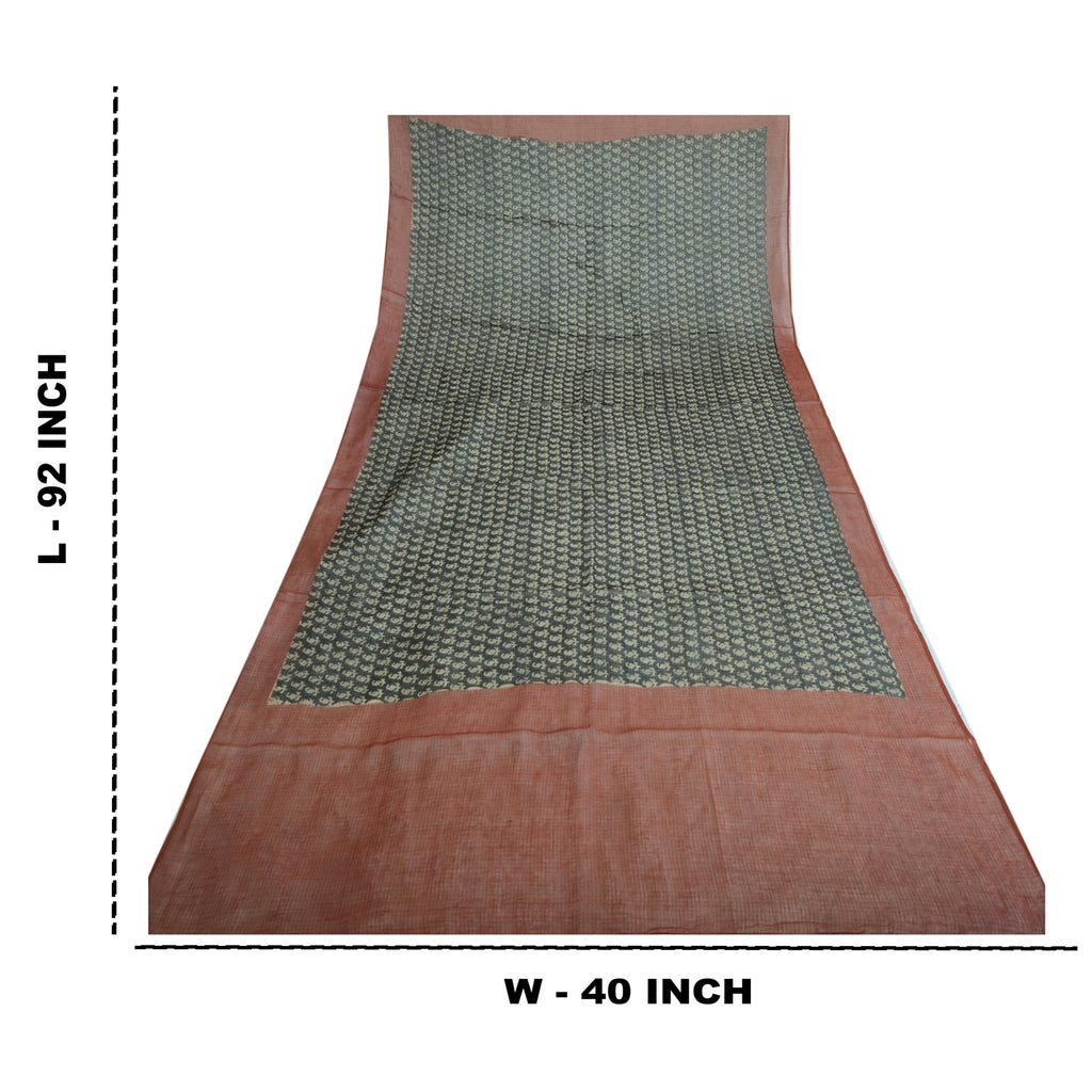 Sanskriti Vintage Long Dupatta Pure Cotton Kota Woven & Hand Block Printed Dark Green/Orange Scarves Indian Heritage Craft Supplies