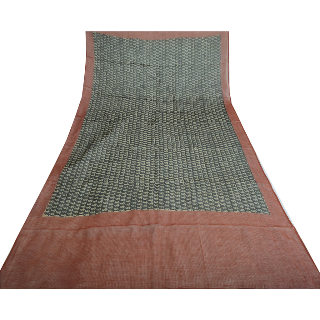 Sanskriti Vintage Long Dupatta Pure Cotton Kota Woven & Hand Block Printed Dark Green/Orange Scarves Indian Heritage Craft Supplies