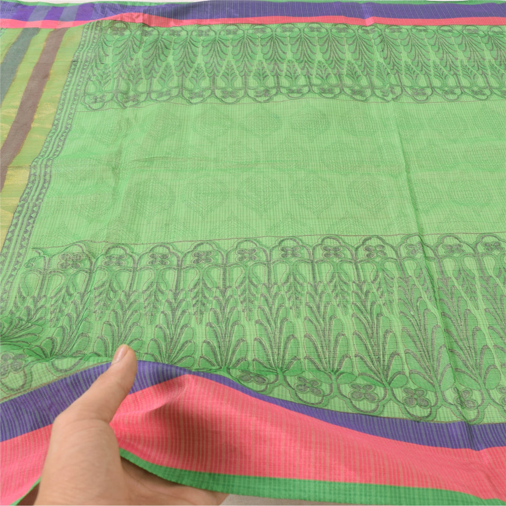 Sanskriti Vintage Long Dupatta/Scarf Green Artificial Silk Hand Block Print Floral India Women Shawl Headscarf upcycled Textile Scraps