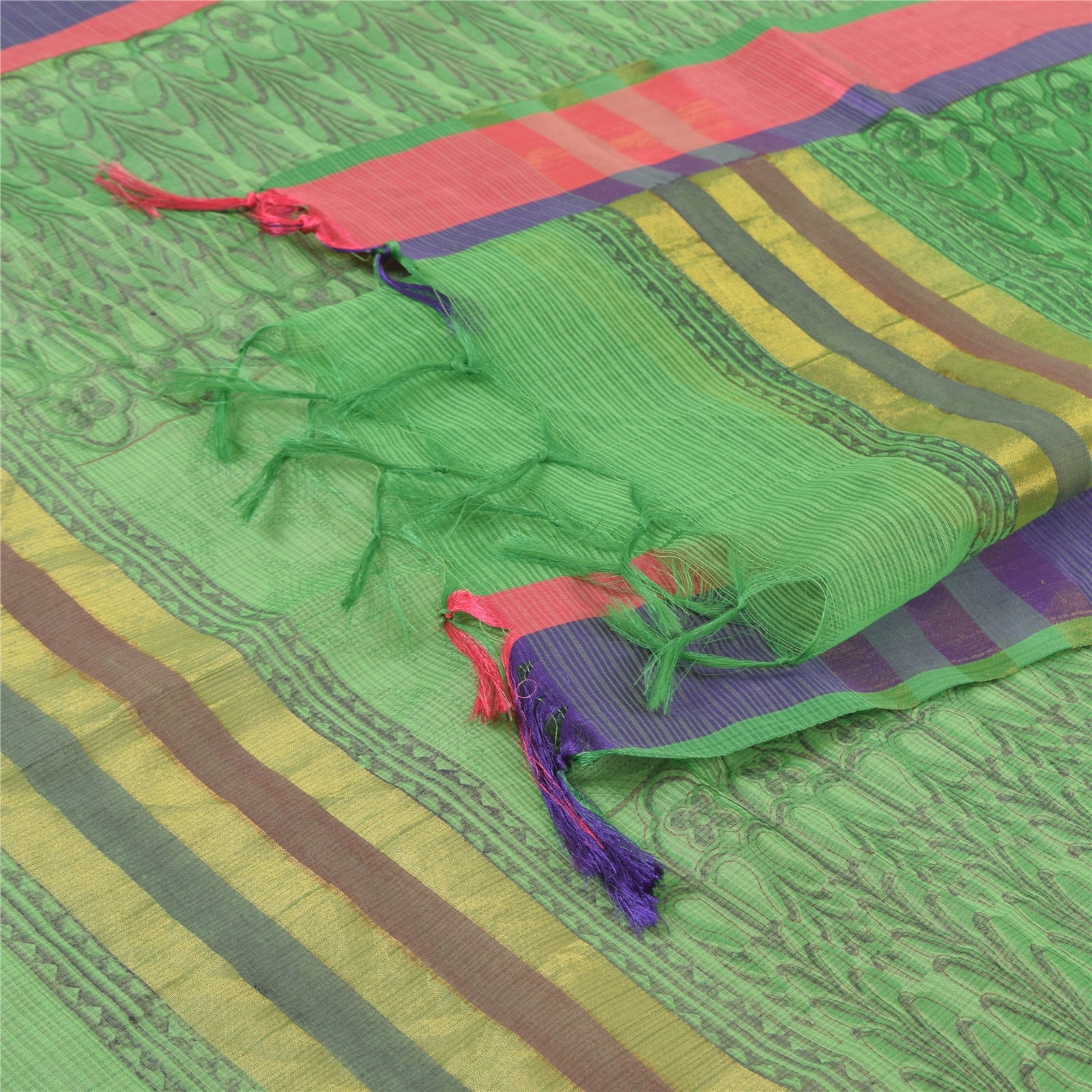 Sanskriti Vintage Long Dupatta/Scarf Green Artificial Silk Hand Block Print Floral India Women Shawl Headscarf upcycled Textile Scraps